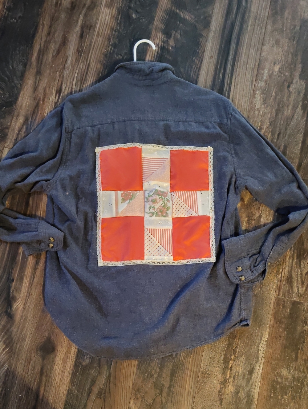 Women's Navy Button-Down Shirt with Red Patchwork Back